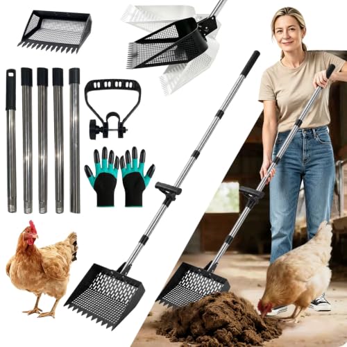 Chicken Poop Scooper & Rake 2-in-1, 10" Stainless Steel Sifting Shovel, Interchangeable Dual Heads, 5-Section Handle 24-68", 3 Angles, Includes Gloves, Heavy Duty Chicken Coop Cleaning Kit