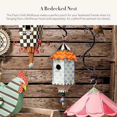 MACKENZIE-CHILDS Metal Birdhouse, Flyer's Folly | Hand-painted design, made from iron, decorative birdhouse and outdoor garden decor, 9.25" dia. x 19" H