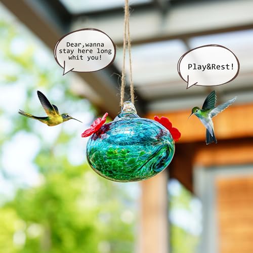 3in Blown Glass Hummingbird Feeders for Outdoors with 2 Feeding Ports | Attract Hummingbirds, Ant and Bee Resistant, Easy Hanging - color: B