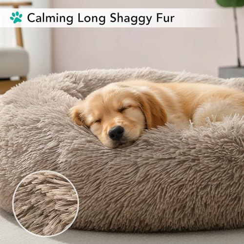 PetAmi Calming Donut Dog Bed, Washable Faux Fur, 23 Inch Small, Taupe | Warm Shaggy Faux Fur and A Deep Nest Help Anxious Pets Curl Up and Sleep Soundly. Perfect for Puppies, Cats, and Rescues. - color: Taupe, size: Small - 23"