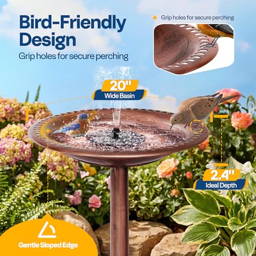 VIVOHOME Bird Bath with Solar Fountain for Outside, Pedestal, Bronze | Solar-Powered Pump, Weather-Resistant Polyresin, 20-Inch Bowl, for Outdoor/Garden, Bird-Friendly, Easy to Clean - color: Bronze