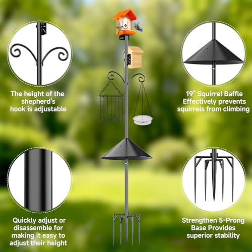 Smart Bird Feeder Pole Stand with Proof Squirrel Baffle 79" - Dia 1 Inch Bird House Pole Mount for Camera Birdfeeder, Double Hooks, Install 2 Bird Houses, Feeding Station Outdoors Heavy Duty - size: 79IN
