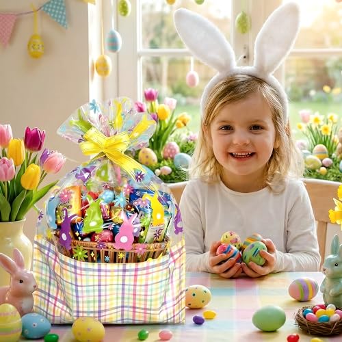 ASOEMERZ 10 Pcs Easter Basket Bags, 18"x24" Cellophane Bags for Gift Baskets with 10 Pieces Pull Bows for Small Gift Baskets, Presents, Treats, Easter Day, Party Supplies
