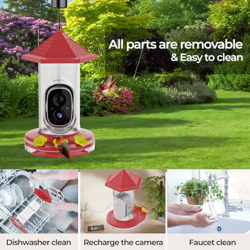 Smart Hummingbird Feeder with Camera, Wireless Bird Feeders | Solar Powered, AI Recognition, Instant Notifications, Feeder for Outdoor, Ideal Gift for Bird Lovers - color: Red