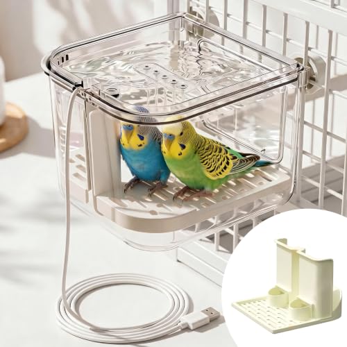 Automatic Bird Bath, Parrot Shower with Circulating Water (Clear with Feeder) | Indoor Parrot Bath Cage Accessories with Circulation Pump for Parakeet Budgie Cockatiel Finches Cockatoo Conure Pet Bird - color: Transparent