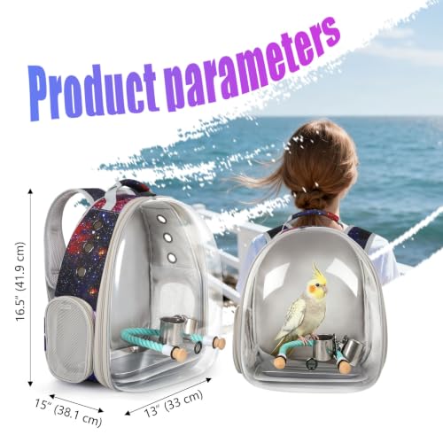 Galaxy Bird Carrier Backpack, Water and Food Cup, Tray and Perch, Clear Bubble Space Capsule Travel Bag - color: Galaxy Blue