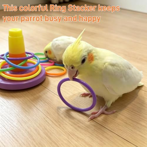 DRESSO Bird Toys for Parakeets Cockatiels Conures Lovebirds - 4PCS Parrot Training Toy Set with Mini Shopping Cart, Rattle, Ring Stacker & Beach Chair, Fun Bird Interactive Toys Set