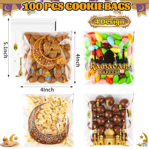 ZYLOP Ramadan Gift Bags – 100 PCS Ramadan Goodie Bags, Eid Mubarak Cellophane Treat Bags for Kids, Self Adhesive Clear Candy Bags for Eid Party Favors - color: Ramadan 100pcs