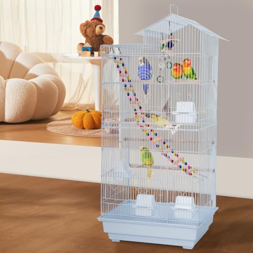 FDW 39 Inch Bird Cage Parakeet Cage with Play Top Rolling Stand & Easy Clean Pull-Out Tray Roof Top Parrot Cage for for Finches Canaries Parakeets Cockatiels & Other Small Birds, White - color: White