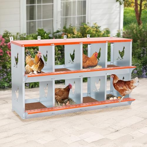 8-Bay Metal Nest Box for Chickens Wall Mount, Galvanized Steel Hen Nesting Box with Vent Holes, Easy to Clean & Assemble, Includes Coconut Fiber Pad, Orange/Silver - size: 42.5” L x 17” W x 25” H