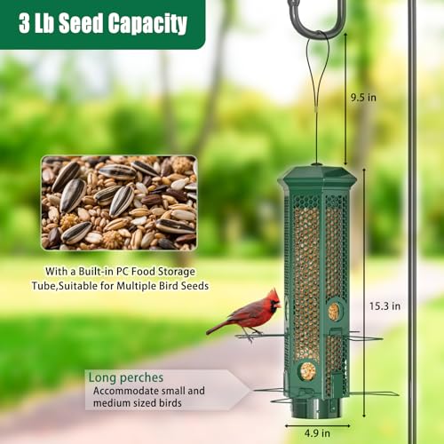 Squirrel Proof Bird Feeders, Bird Feeder for Outdoors with Removable Base, 6 Ports Perches Gravity Protection Squirrel Proof Wild Bird Feeders, 3LB Seed Capacity, Green