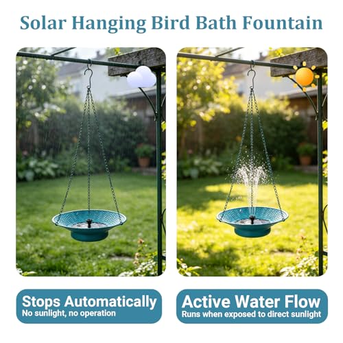 Metal 12.6" Hanging Bird Bath with Solar Fountain for Outside | Hanging Solar Bird Bath Hanging Birdbath Bubbler for Outdoors Backyard Patio Garden Decor, Blue - color: Blue