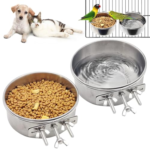 Hamiledyi 2 Pcs Dog Crate Bowl Stainless Steel Puppy Bowls Sturdy Spill-Proof Pet Water Bowl Hanging Water/Food Metal Bowls for Puppy Medium-Sized Dogs Cats (6.3''x2.3'') - size: M (44 OZ×2)