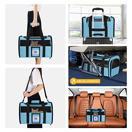 17" Soft Cat Carrier with Shoulder Strap for Travel-Blue | TSA compliant fits under seat, soft-sided lightweight, breathable, top/side entry with zippers,collapsible food bowl - color: Blue