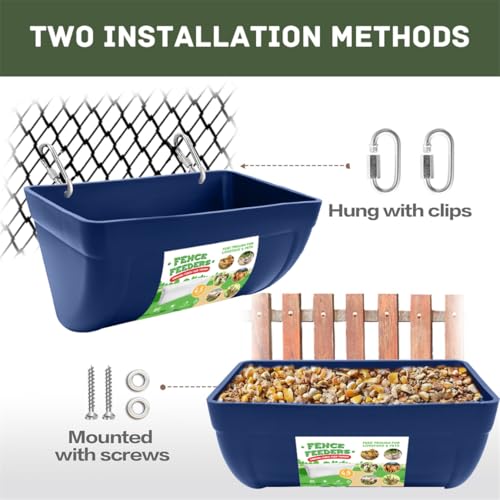 Chicken Feeder Waterer, Hanging Fence Feeders, Poultry Feed Trough Bucket with Clips for Goat Duck Sheeple Piglets Horse 2 Pack (Blue)
