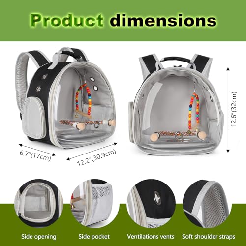 Portable Parrot Travel Cage Carrier with Small Swing Toy&Cage Colorful Toys Set Small Bird Parakeet Bag with Standing Perch Bird Carry Transport Bag (Black, Backpack/Swing)