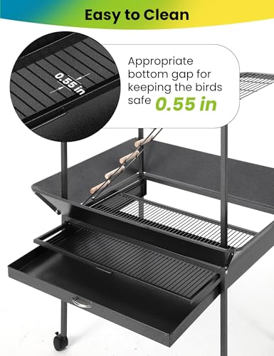 64 Inch Birdcage Stand with Wheels, Indoor Outdoor Parrot Playstand with Bowls,Perches and Ladders, Lockable Caster, for Macaw, African Grey, Cockatoo, Parakeet