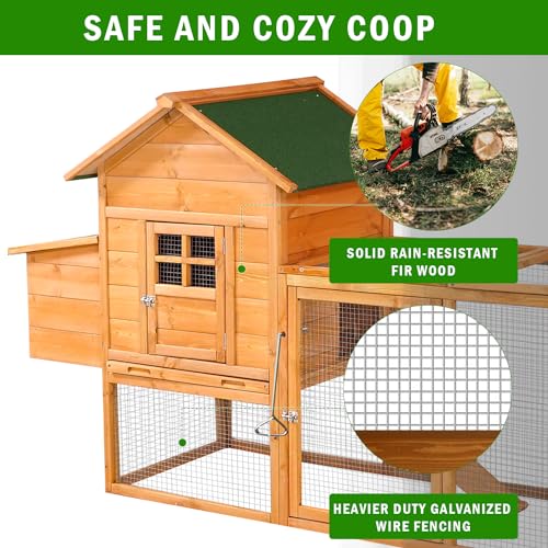 80” Chicken Coop, Waterproof Wooden Hen House for 2-4 Chickens, Outdoor Chicken House with Nesting Box, Removable Tray, PVC Cover, Run, for Garden Backyard Cage - size: 80.8"L x 26.0"W x 44.5"H