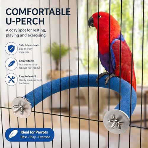 Rypet U-Shaped Large Parrot Perch, Quartz Bird Perch for Cage(Blue L) | Safe Chew & Rest Perch for Large Birds, Durable Non-Toxic Cage Accessory, for Parakeets Cockatiels Conures Macaws - color: Blue, size: Large