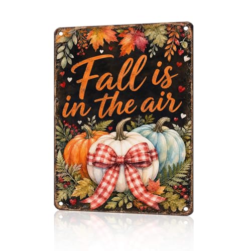 Fall Is In The Air Pumpkin Gingham Bow Tin Sign Rustic Autumn Wall Decor for Entryway Porch Kitchen Dining Room Living Room and Farmhouse Home Decor 16 * 12In - color: Vintage Thanksgiving Tin Sign 20, size: 30X40cm(12*16in)