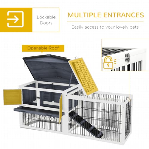 PawHut 2 Levels Outdoor Rabbit Hutch Openable Top for Rabbits 59" Dark Gray | Wooden Large Rabbit Cage with Run, Weatherproof Roof, Removable Tray, Ramp, for Chickens, Ducks - color: Dark Grey