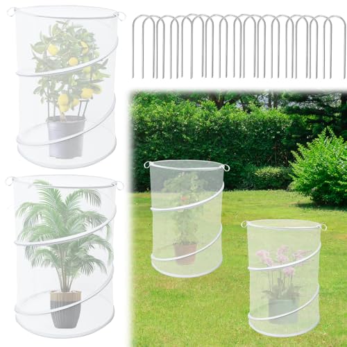 4 Pack Pop up Plant Covers Tent from Animals, 20"H X 13"D Insect Barrier Mesh Plant Guard Cover Net White Garden Plant Protectors Mini Greenhouse Plant Protection Cage with Stakes for Outdoor Plants - color: White