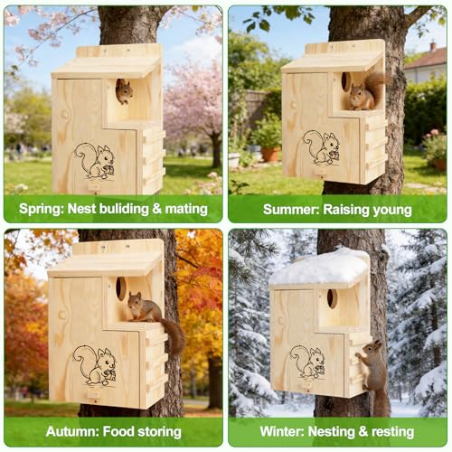 Large Wooden Squirrel House for Outside, Predator Guard Squirrel Nesting Box, Easy Assembly Outdoor Shelter for Squirrels & Chipmunks, Weatherproof Pine Wood Wildlife Habitat