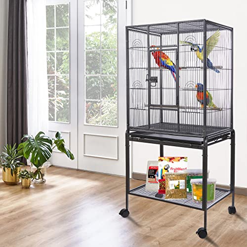 HSM 53 Inch Wrought Iron Large Bird Flight Cage with Rolling Stand | Bird Flight Cage Casters, Slide-out Tray for African Grey Parrot Parakeets Canaries Parrot Cockatiels Lovebirds Conures