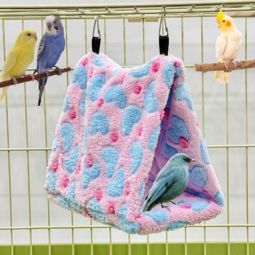 2 Pack Warm Bird Nest Plush Snuggle Bird Hammock Hanging Bird Cave Parrot Sleeping Bed Shed Hut Hanging Tent for Budgies Finch Parakeet Cockatiel Cockatoo Lovebird-Loving Heart (Pink&Green) - color: Pink&Green(Loving Heart )