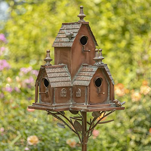 Zaer Ltd. Large Copper Colored Multi-Birdhouse Stakes, Room for 5 Bird Families in Each (XL Country Farm Home Colorado) - style: XL Country Farm Home Colorado