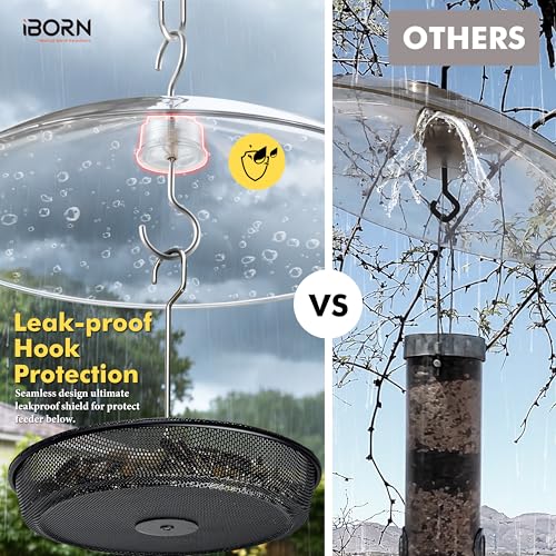 iBorn Hanging Bird Feeder Tray & Rainroof Cover, Bird Feeder Bowl with 13”Bird Feeder Cover for Rain Guard, Chew-Proof Polycarbonate & Thick Metal Hanger, Easy to Refill & Clean, Transparent & Black - size: Bird Feeder Tray+Rainroof Cover
