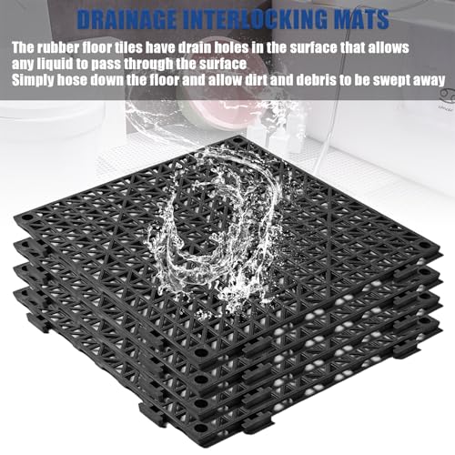12” x 12” Drainage Interlocking Floor Mats 8 Pack for Outdoor and Indoor | Non-Slip Pool Deck Drain Mats Soft PVC Splicing Modular Cushion Rubber Flooring Tiles with Holes for Basement Garage Shed - size: Black
