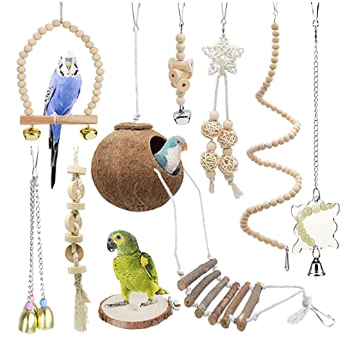 9-Piece Parakeet Toys & Budgie Toys, Bird Cage Accessories Set | Natural wood bird toys include coconut hideaway, swing, ladder, perch, mirror and hanging toys for budgies & cockatiels
