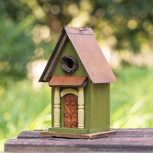 Glitzhome Bird Houses for Outside,11.25" H Vintage Wooden Bird House Garden Distressed Decorative Birdhouse for Outdoors, Hanging Birdhouse for Bluebird Hummingbird Wren Finch Cardinals Cedar (Green) - color: 11.25"H Green
