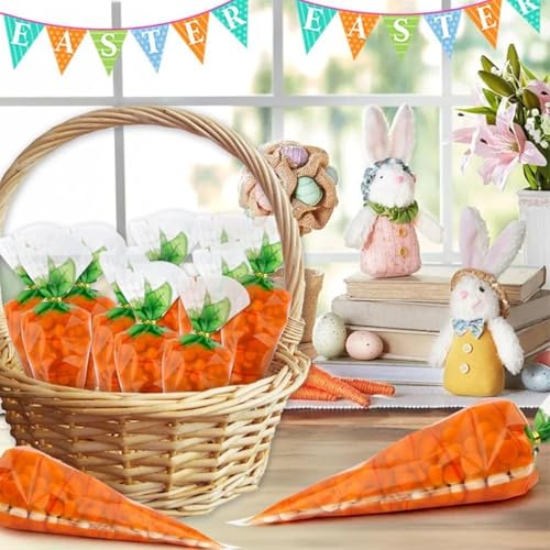 MexLuyu 50Pcs Cute Carrot Gift Wrap Bags Easter Cellophane Treat Bags Carrot Shaped Triangle Bags with Twist Ties Orange Gift Cone Goodie Plastic Bag Easter Party Supplies for Cookie Popcorn