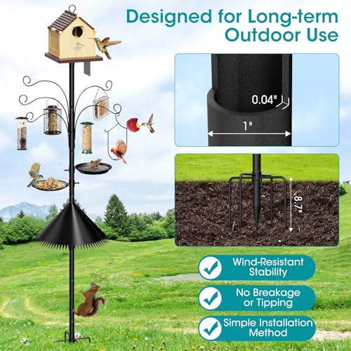108 Inch Bird Feeder Pole Squirrel Proof, Heavy Duty Bird House Pole, Adjustable Bird Feeder Stand with 5 Shepherds Hooks, 2 Mental Trays, Hummingbird Swing