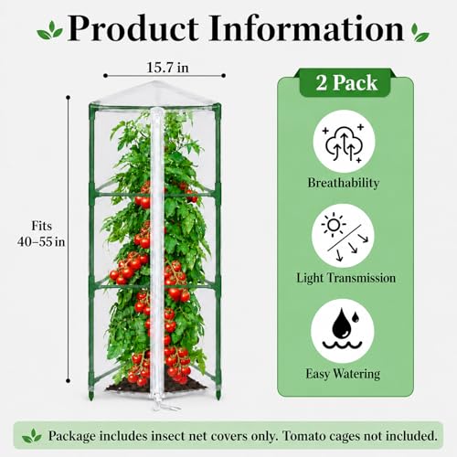 Halatool Garden Tomato Plant Cover Netting, Fits 40–55" Tomato Cages | Garden Bird Netting with Zipper & Drawstring, Insect Barrier, Plant Covers from Insects Animals, 2 Pack, 45"×15.7" - size: 45 Inch