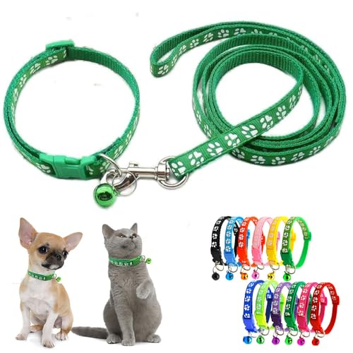 Green Pupppy Collar with Bell Leash Set, Nylon Basic Reflective Small Dog Collar Boy Paw Print for XXS Xs S Dog Kitten Pet Animal Tiny - color: Green