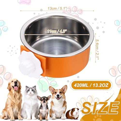 Crate Dog Bowl, Removable Stainless Steel Pet Cage Hanging Anti-Overturn Food Water Feeder Cage Cup (Round, Orange, 13.2oz), Intended for Puppies/Cat/Rabbit/Bird - color: Orange, size: 5.1"(13.2oz)