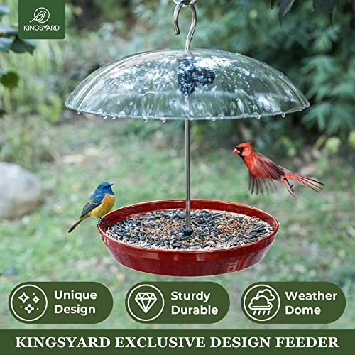 Kingsyard Platform Bird Feeder with Adjustable Dome for Outdoors Hanging | Metal Tray, Adjustable Dome, Adjustable Bird Access, Rain-Resistant, Drainage Holes, Seed & Mealworm Feeder, Red
