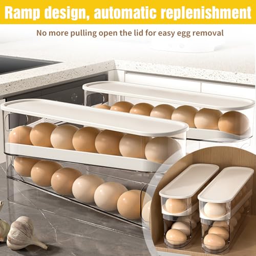 ROWPOZ 2026 New Egg Holder for Fridge, Egg Organizer for Refrigerator Automatic Scrolling Eggs Rack Holder Rolling Dispenser Stackable Container and Storage for Refrigerator with Lid