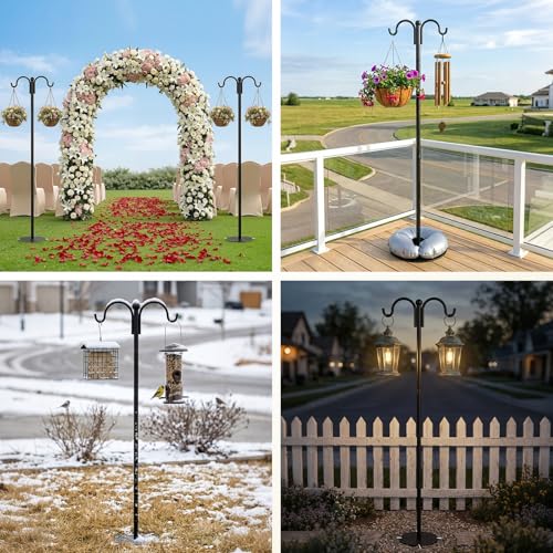 74 Inch Double Shepherd Hooks Stand with Base for Outdoor Bird Feeder Pole | Heavy Duty Double Hook Pole Includes 4 Ground Stakes & Water Bag, Ideal for Hanging Baskets, Wind Chimes, Bird Feeders