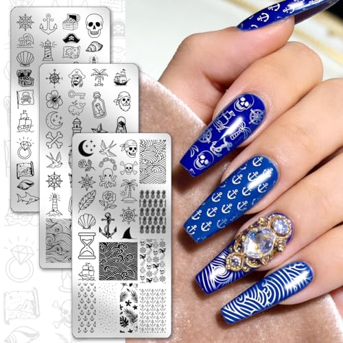 PH PandaHall 3pcs Nautical Treasure Nail Stamping Plate Anchor Lighthouse Nail Arts Stencils Pirate Nails Stamper Ocean Life Nail Image Plates for Ocean Lover Women Manicure Salon Design Print - style: Nautical Treasure