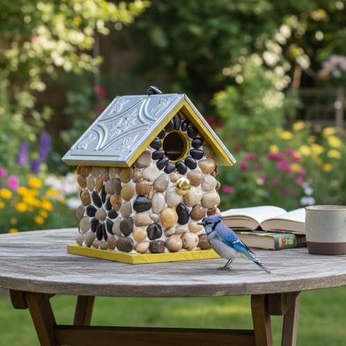 Premium River Pebble Bluebird House – Cedar Wood Outdoor Birdhouse with Embedded Metal Roof, Weather-Resistant Garden Nest Box for Wild Birds, Hanging & Pole Mountable (Yellow) - color: River Pebble Yellow
