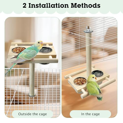 Tfwadmx Bird Perch with Stainless Steel Feeding Bowl Cups Parrot Wood Perch Stand Toy Hanging Feeder for Conures Cockatiels Budgie Lovebird
