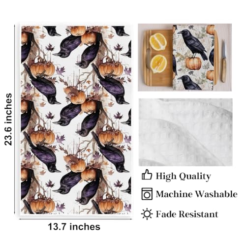 2 Pcs Gothic Raven Kitchen Towels, Vintage Pumpkin Decorative Absorbent Microfiber Dish Cloth Tea Towel, Waffle Soft Hand Towels for Farmhouse Home Bathroom, Halloween Decor - color: Multi 0434
