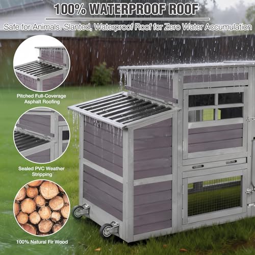 Mobile Chicken Coop with Run, Large Wooden Hen House Poultry Cage with Wheels, Weatherproof Roof, Sectionable Nesting Box, Pull-Out Tray for 3-5 Chickens, 74.9" L x 26" W x 39.4" H (Grey)