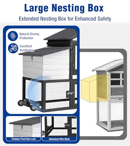 Chicken Coop with Run and Wheels Outdoor Poultry Hen House with Slide-Out Tray Chicken Cage Weatherproof Roof Predator-Proof for Backyard Black and White - color: 72.3"L Black & White