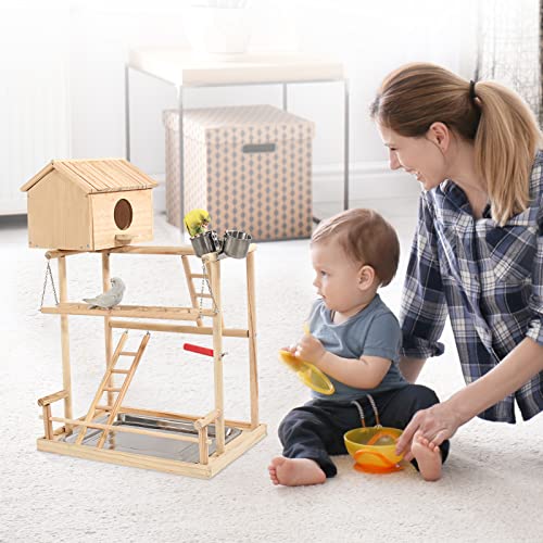 HiCaptain Large Bird Playground, 3 Layers Cockatiel Playground, Pet Parrot Playstand Gym Wooden Playpen Birds Play Stand with Nesting Box, Ladder, Feeder Cups