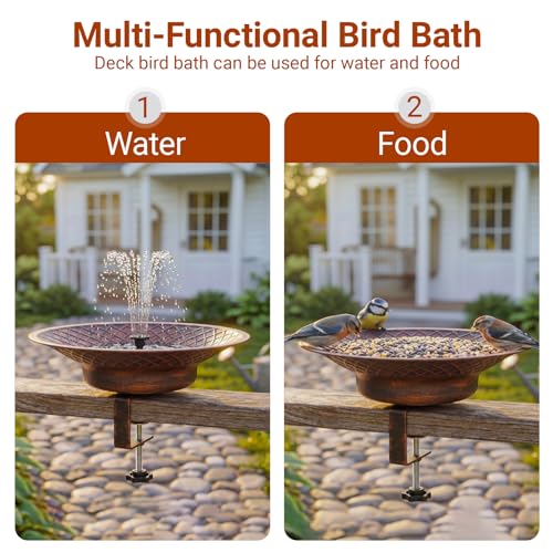 12.6" Deck Mounted Bird Bath for Outside, Metal Solar Powered Bird Bath | Bird Bath Fountain with Heavy Duty Railing Clamp for Balcony Fence, Detachable Deck Bird Bath for Garden - color: Bronze